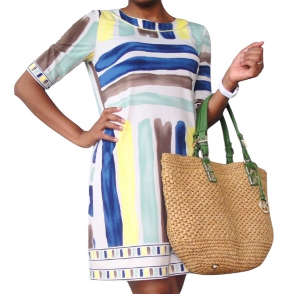 Women’s 3/4 Sleeve Colorful Striped Shift Dress - Size XS